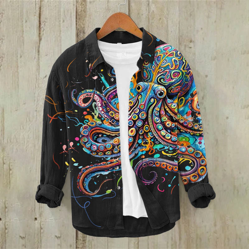 Vintage Rainbow Octopus Print Casual Long Sleeve Lapel Shirt - Black - 5XL - image 6