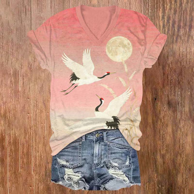 Japanese Vintage Couple Crane Flying Under The Moon Print V-neck T-shirt - Pink - US32-34(5XL) - image 3
