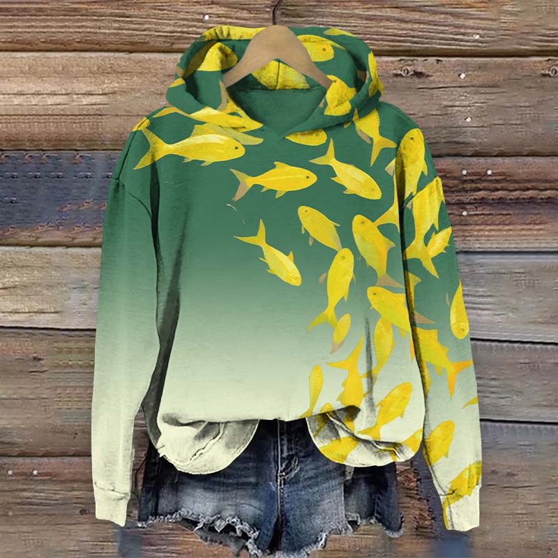 Oil Painting Golden Yellow Fish Art Print Long Sleeve Hoodie - Green - US44-46(8XL) - image 2