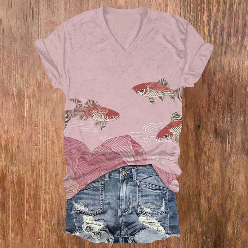 Lotus & Koi Japanese Art Print V-neck T-shirt - Pink - US32-34(5XL) - image 6