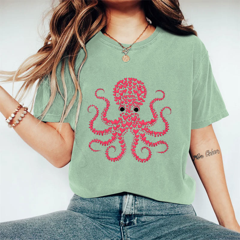 100% Cotton Valentine's Day Octopus Heart T-shirt - Light Green - 2XL - image 7
