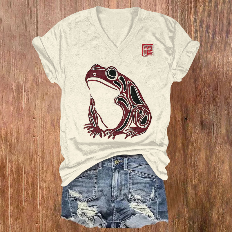Vintage Ink Frog Design Print Short Sleeved V-neck T-shirt - Apricot - US32-34(5XL) - image 1