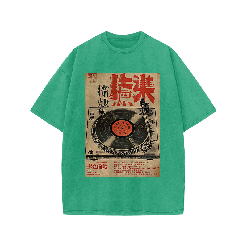 Japanese Turntable Pattern Print Acid Washed T-shirt - Green - US20-22(3XL) - image 6