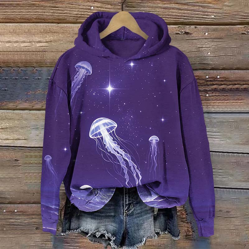 Vintage Starry Glowing Transparent Jellyfish Print Long Sleeve Hoodie - Purple - US44-46(8XL) - image 2