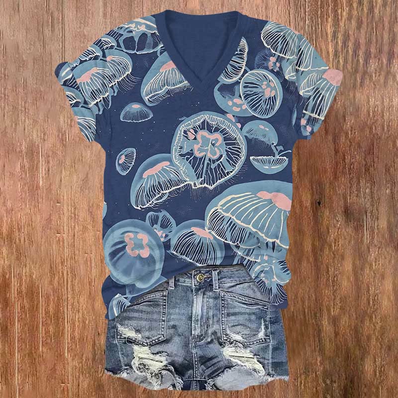 Creative Jellyfish Mushroom Cloud Art Print V-neck T-shirt - Dark Blue - US32-34(5XL) - image 5