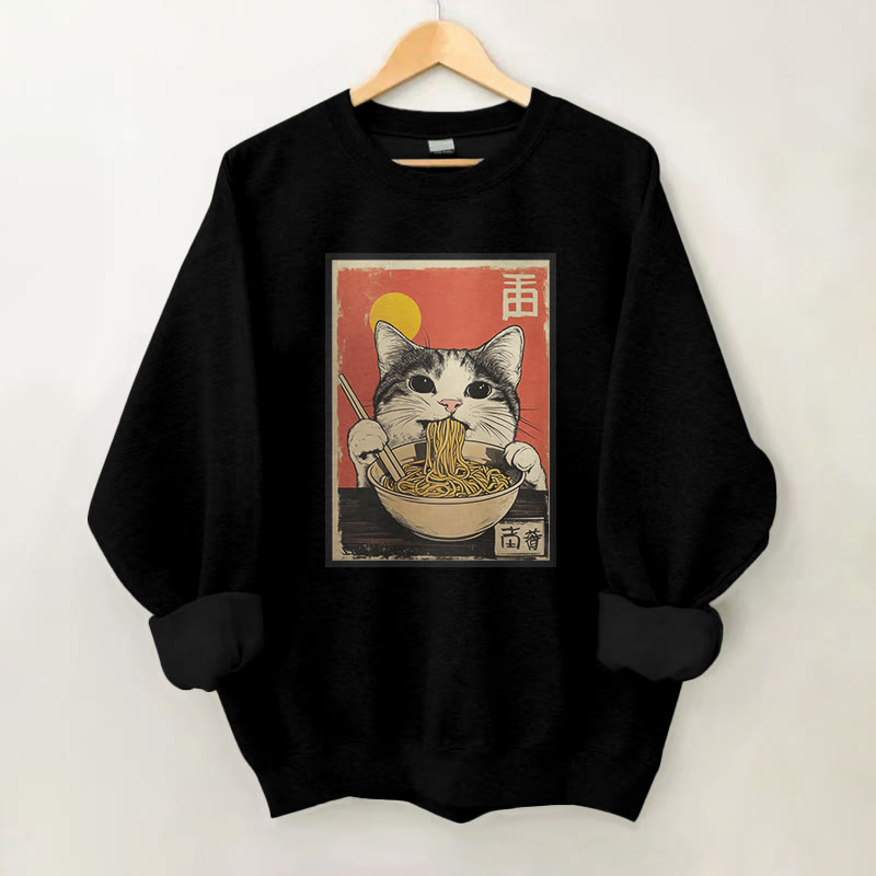 100% Cotton Cat Enjoying Ramen Print Round Neck Casual Fleece Sweatshirt - Black - 2XL - image 2