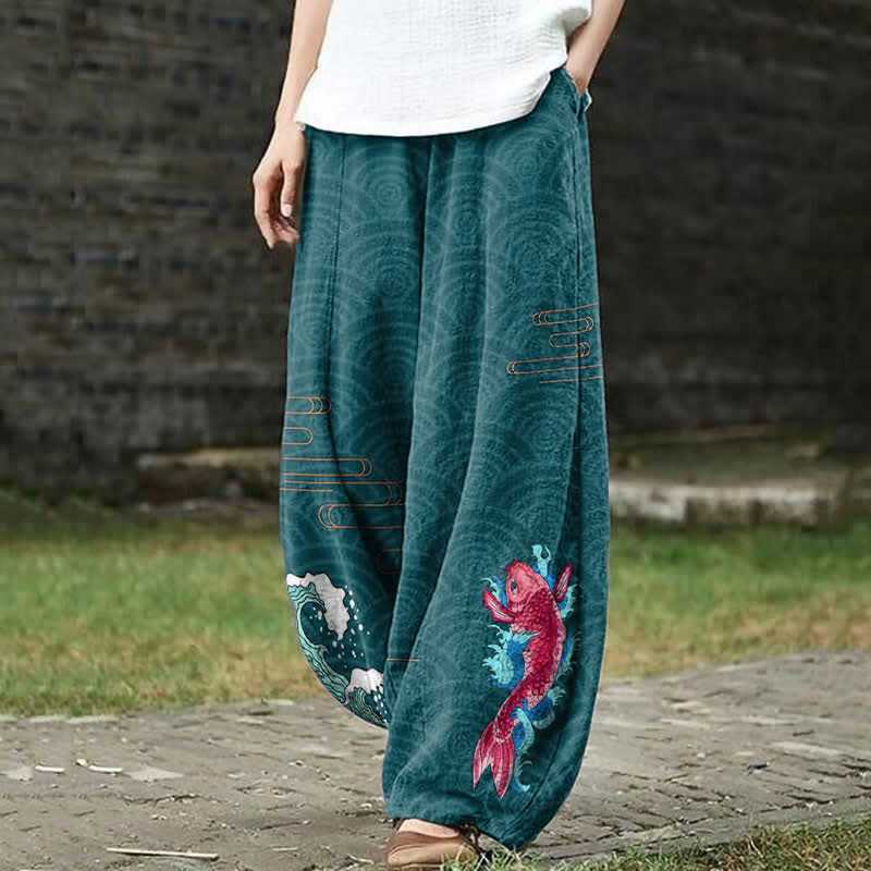 Japanese Koi With Shell & Cloud Patterns Print Casual Pants - Green - US18(5XL) - image 2