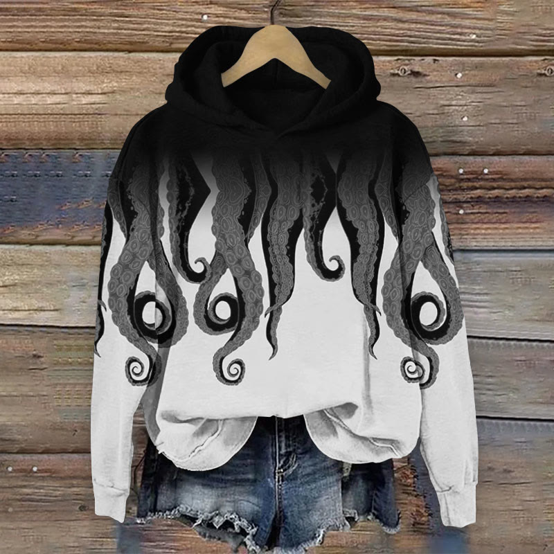 Devil Octopus Tentacles Contrast Print Long Sleeve Hoodie - Black - 8XL - image 3