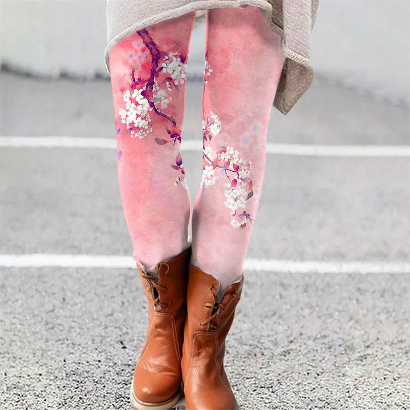 Japanese Antique Pear Blossom Ink Painting Print Leggings - Pink - 5XL - image 5
