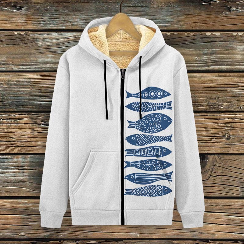 Fish Japanese Lino Art Print Fleece Jacket - White - 4XL - image 3