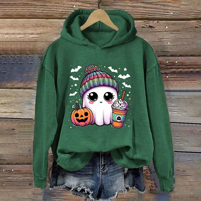 Dashingsoul Cute Ghost Coffee Halloween Print Casual Long Sleeve Hoodie