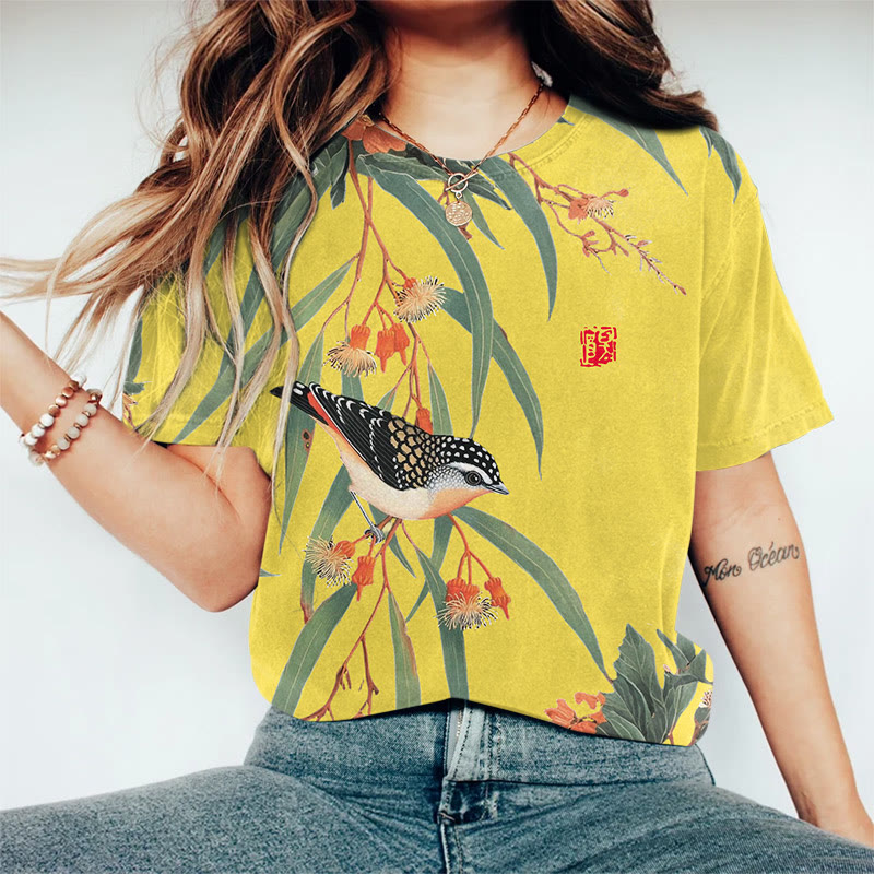 Japanese Vintage Little Bird Pattern Print Round Neck T-shirt - Yellow - US44-46(8XL) - image 4