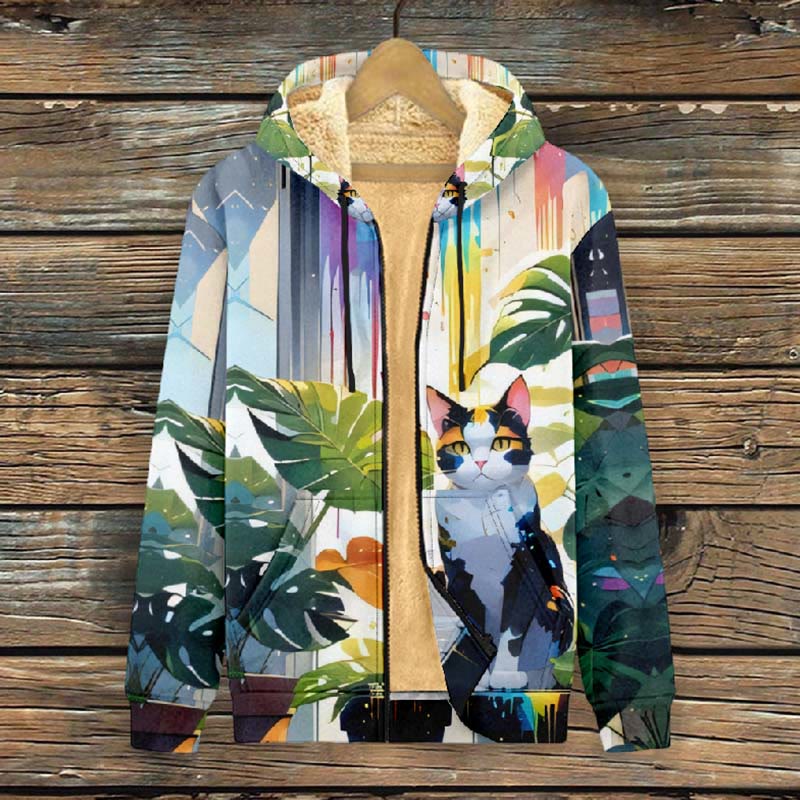 Women's Oil Painting Cartoon Cat With Plants Print Fleece Jacket - image 2