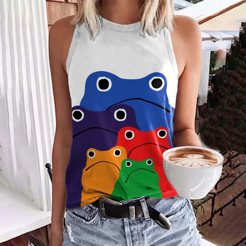 Cascading Rainbow Japanese Frog Print Crew Neck Tank Top - White - 5XL - image 3