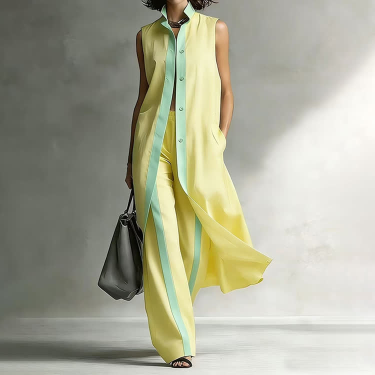Elegant Solid Color-block Lapel Sleeveless  Pocket Long Cardigan Top &  Pants Set - Yellow - 3XL - image 5