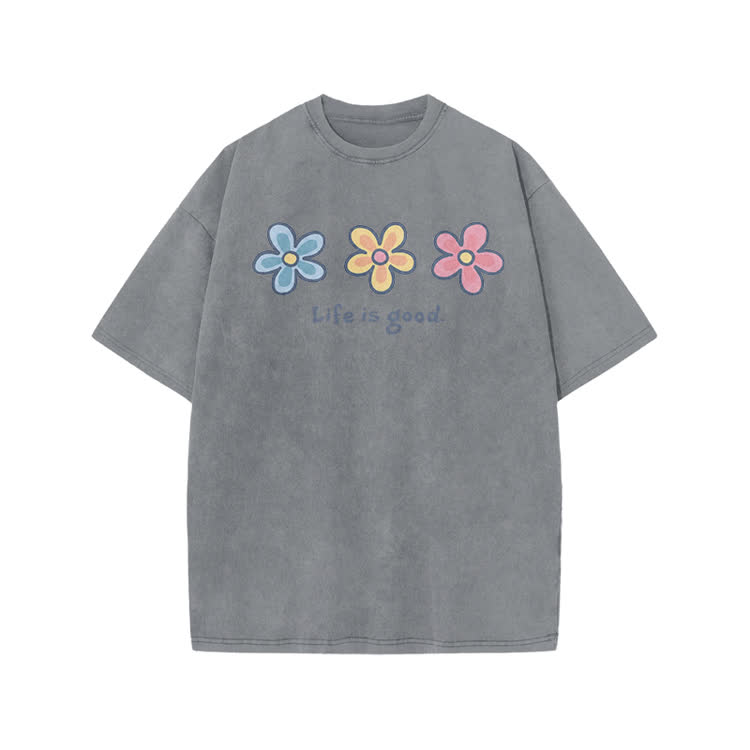 Sunny Bloom Life Is Good Print Acid Washed T-shirt - Grey - US20-22(3XL) - image 4