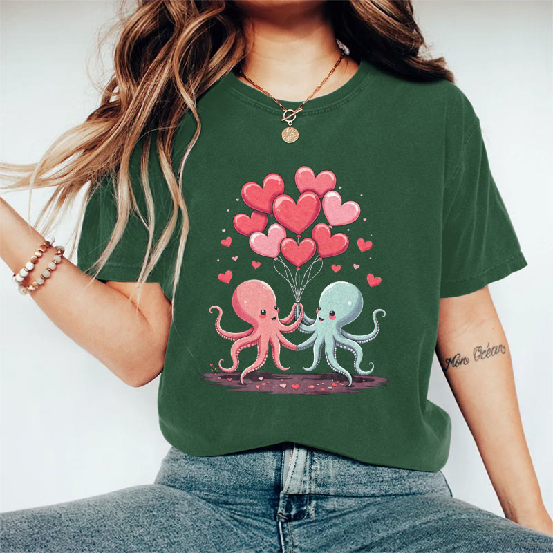 100% Cotton Valentine's Day Octopus Heart T-shirt - Green - 2XL - image 5