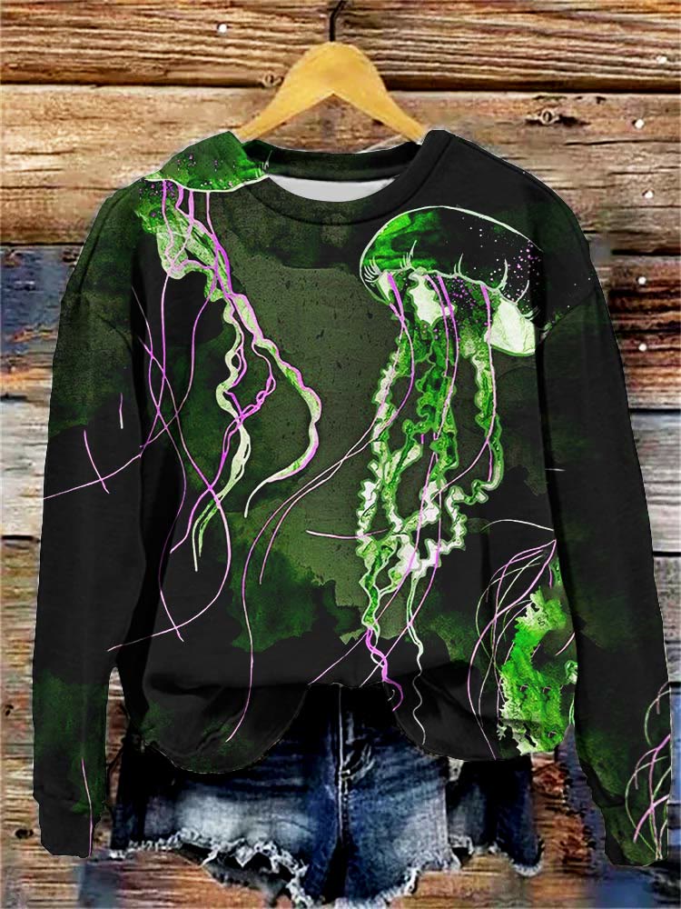 Metallic Ocean Jellyfish Art Print Crew Neck Sweatshirt