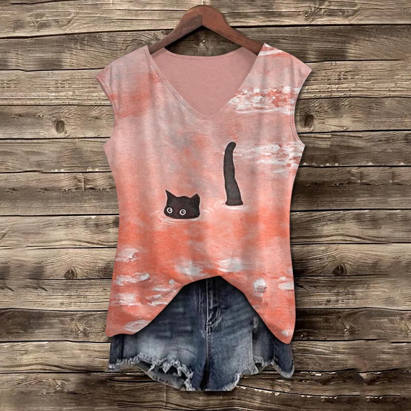Women's Oil Painting Cat Print V-neck Tank Top - Orange - 5XL - image 2