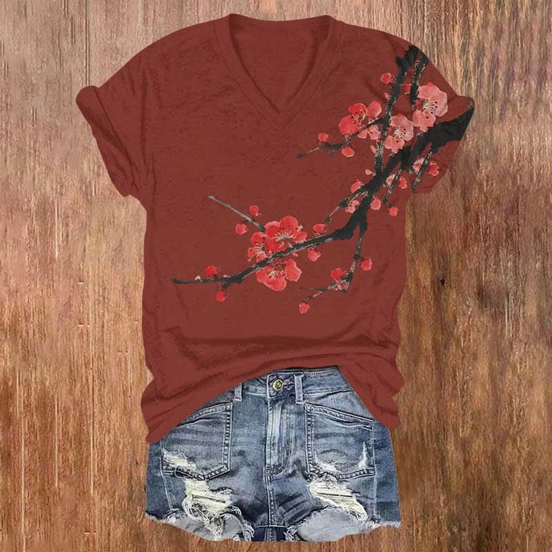 Japanese Art Flower Branches Print V-neck T-shirt - Red - US32-34(5XL) - image 3