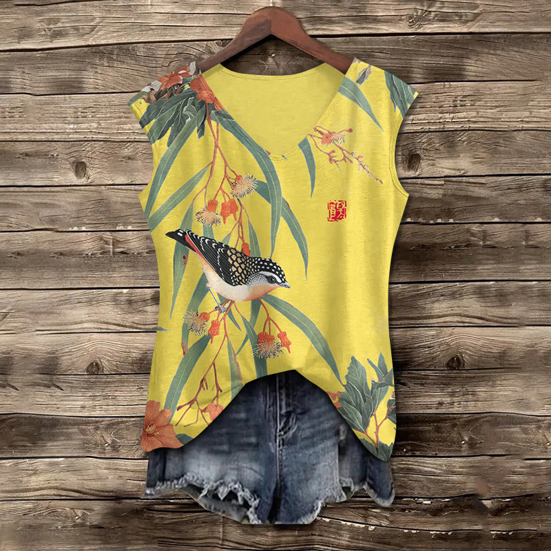 Japanese Vintage Little Bird Pattern Print V-neck Tank Top - Yellow - 5XL - image 4