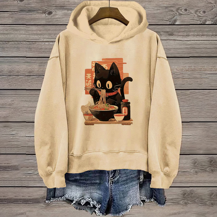 Japanese Ramen Cat Print Long Sleeve Hoodie - Apricot - 8XL - image 1
