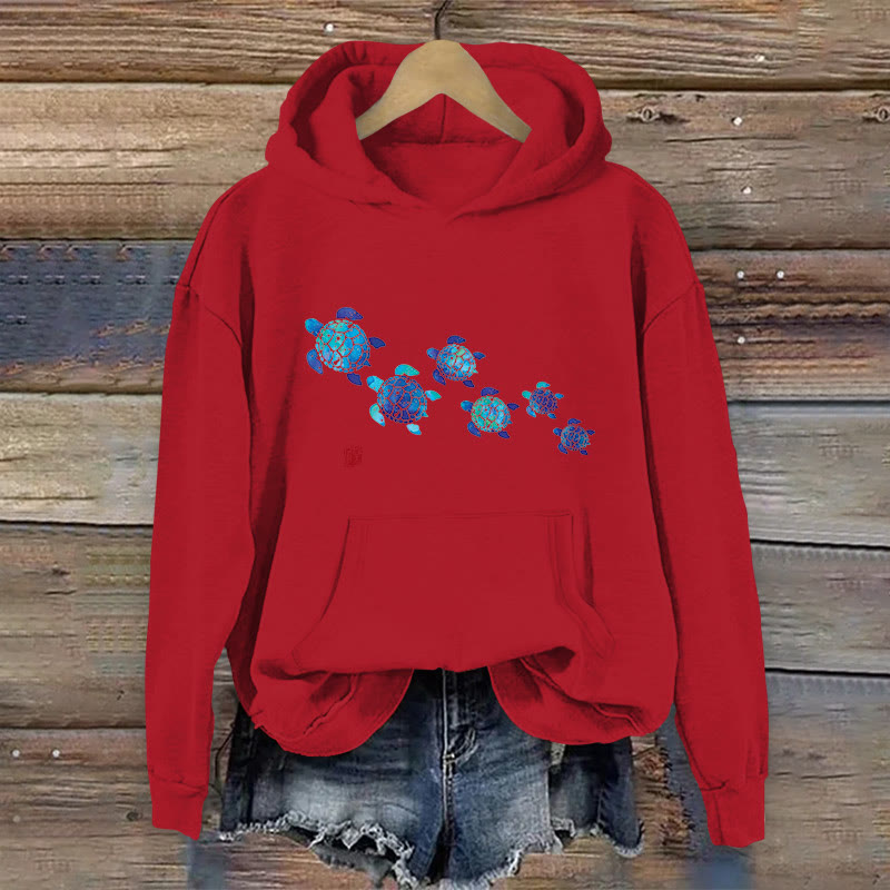 100% Cotton Cute Sea Turtle Print Women's Hoodie - Red - 2XL - image 7