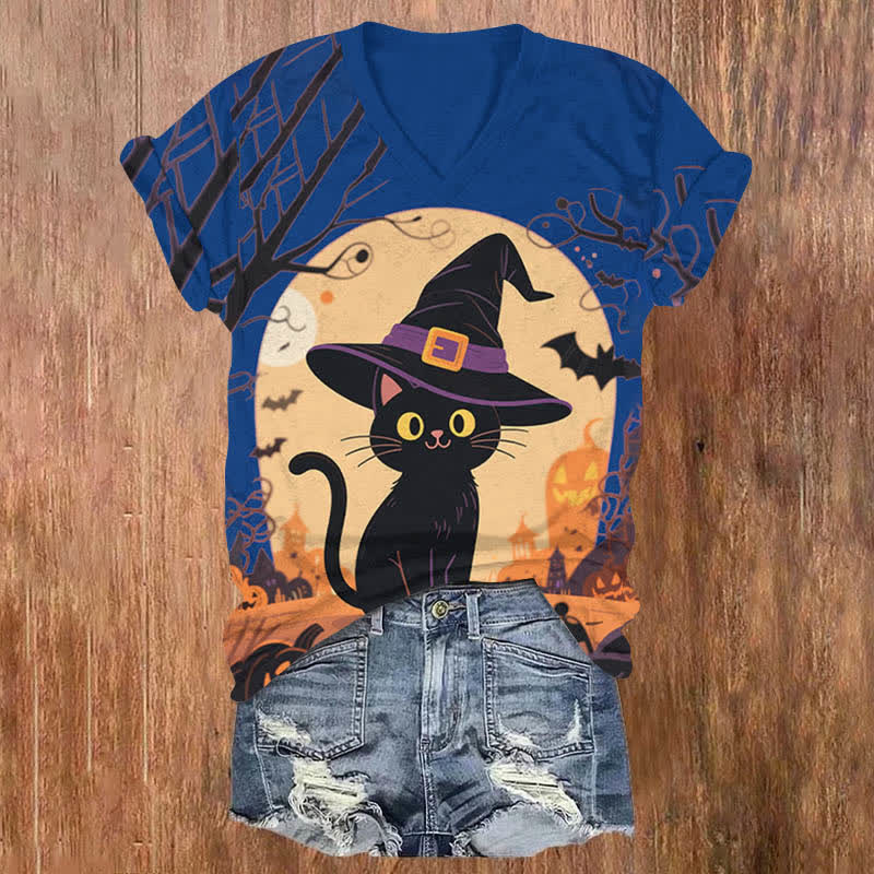 Halloween Lovely Wizard Black Cat Print V-neck T-shirt - Blue - US32-34(5XL) - image 3
