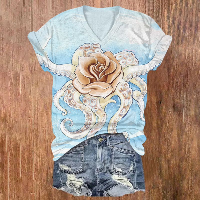 Flowers And The Octopus Ocean Printed Short Sleeved V-neck T-shirt - Light Blue - US32-34(5XL) - image 1