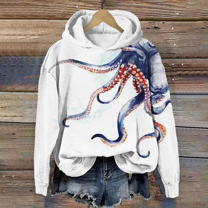 Japanese Watercolor Painting Octopus Print Long Sleeve Hoodie - White - 8XL - image 1