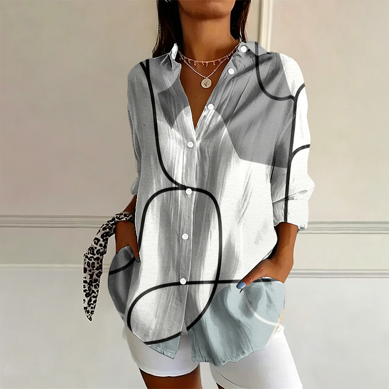 Minimalist Irregular Lines And Color Blocks Pattern Print Long Sleeve Blouse - White - 4XL - image 1
