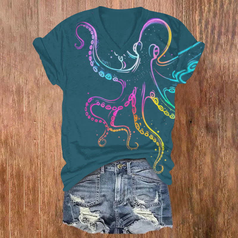 Vintage Rainbow Line Octopus Art Print V-neck T-shirt - Green - US32-34(5XL) - image 4