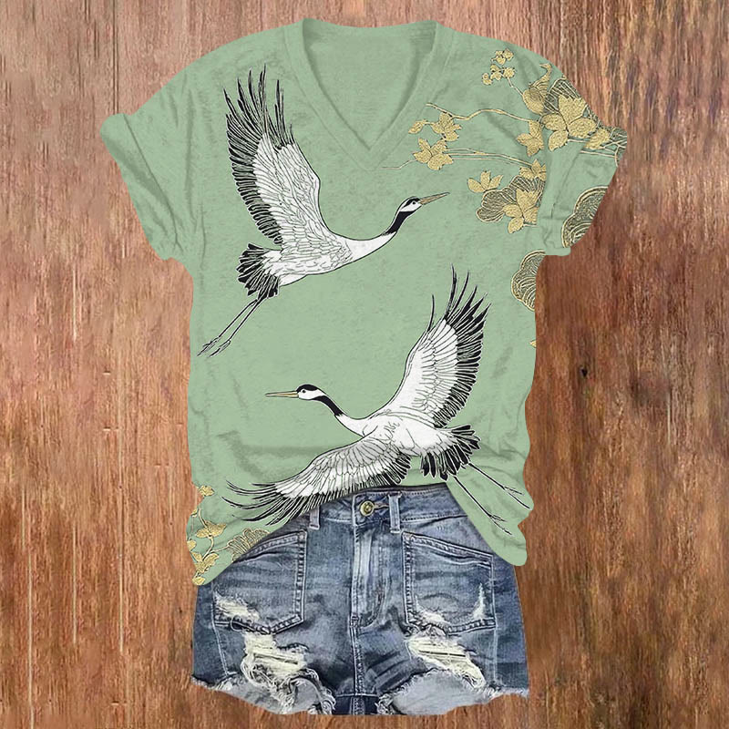 Japanese Floral Flying Elegant Crane Art Print V-neck T-shirt - Green - US32-34(5XL) - image 2