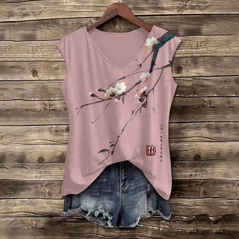 Dashingsoul Vintage Plum Blossom Art Print Women's Casual V-neck Tank Top