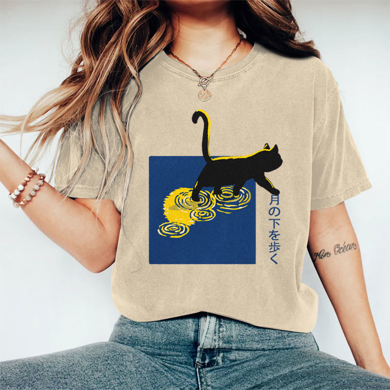 100% Cotton Women's Japanese Lonely Walking Black Cat Art Print Casual T-shirt - Khaki - 2XL - image 4