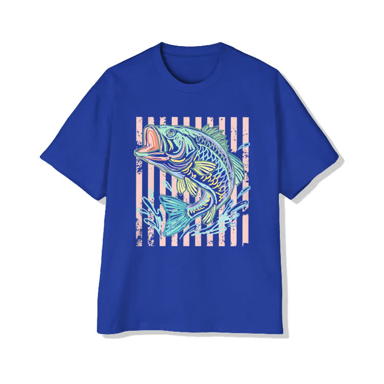 Unisex Vintage Bass Fish Pattern Cotton Print T-Shirt - Royal Blue - US20-22(3XL) - image 6