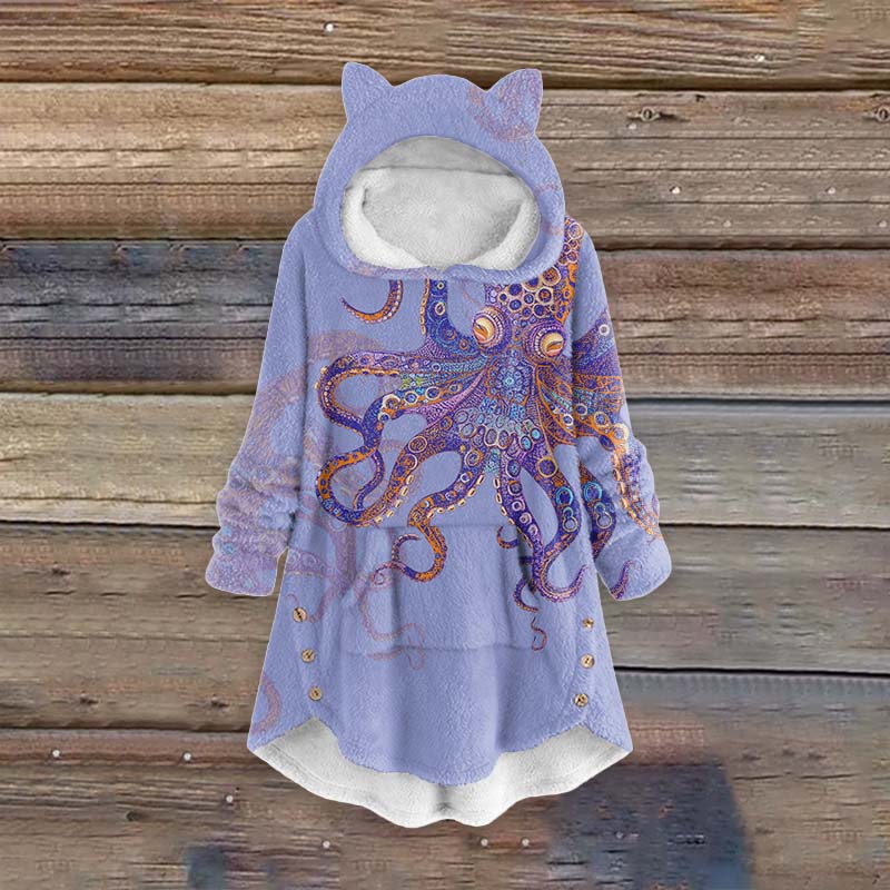 Women's Unique Exquisite Octopus Pattern Pocket Cute Cat Ear Fuzzy Fleece Hoodie - Blue - 6XL - image 4