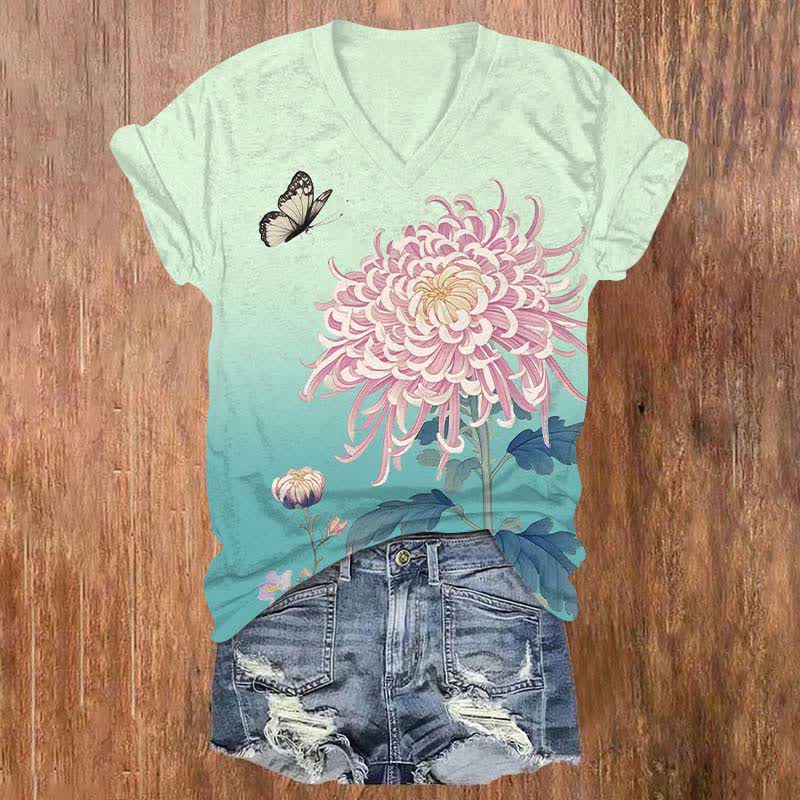 Japanese Vivid Pink Chrysanthemum Art Print V-neck T-shirt - Mint - US32-34(5XL) - image 5