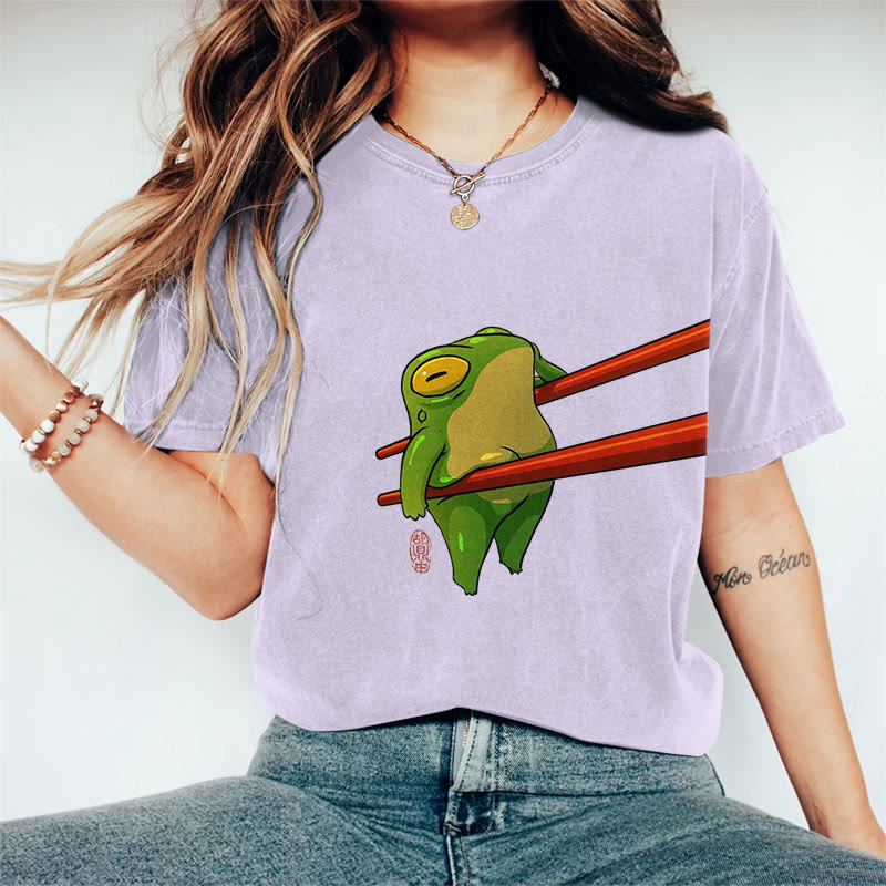 100% Cotton Funny Chopsticks Frog Art Print Casual T-shirt - Purple - 2XL - image 9