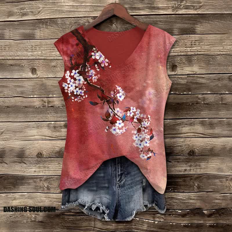Japanese Antique Pear Blossom Ink Painting V Neck Casual Tank Top