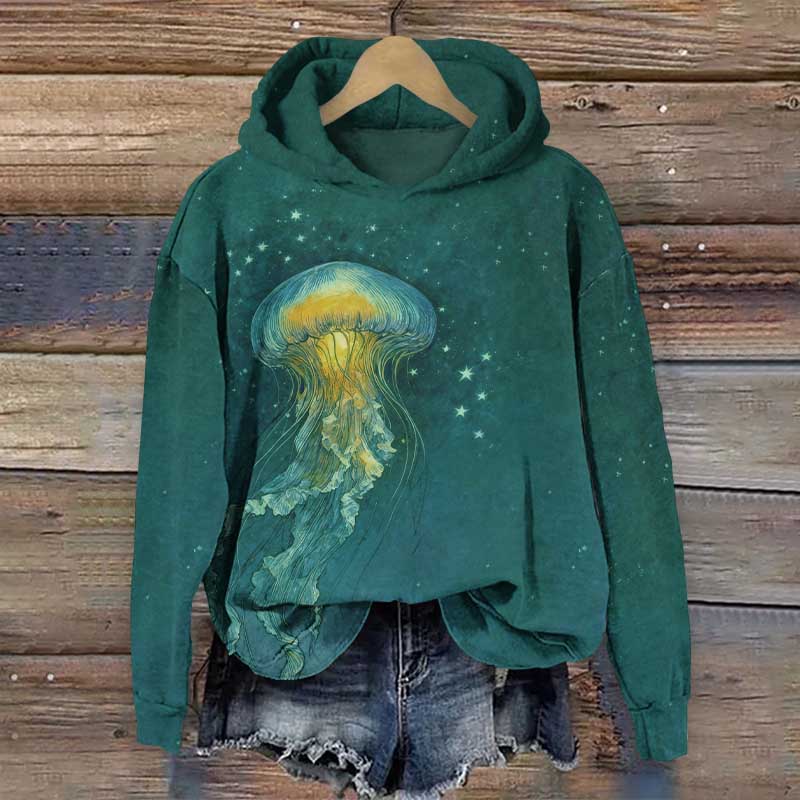 Starry Fantasy Jellyfish Art Print Long Sleeve Hoodie - Green - US44-46(8XL) - image 2