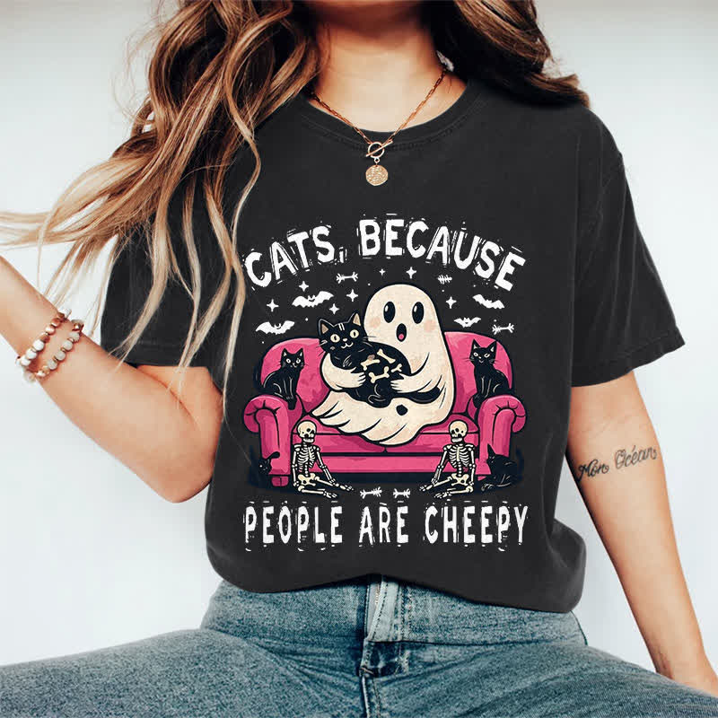 100% Cotton Halloween Ghost Holding Cat Print T-shirt - Black - 2XL - image 3