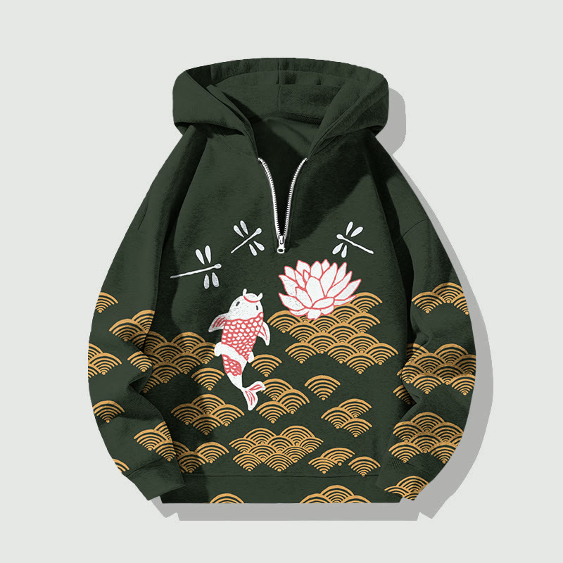Unisex Japanese Style Koi Fish Dragonfly Wave Half Zip Hoodie - Dark Green - US32-34(5XL) - image 6