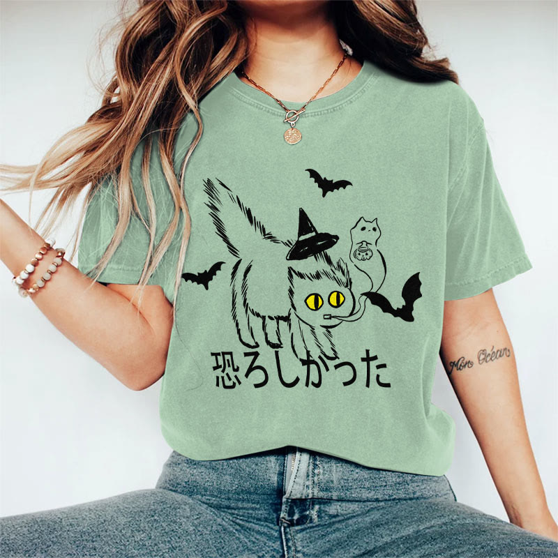 100% Cotton Women's Japanese Halloween Frightened Cat Art Print Casual T-shirt - Green - 2XL - image 5