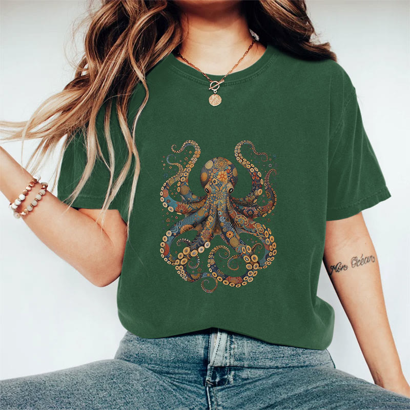100% Cotton Vintage Flower Patterns Floral Octopus T-shirt - Green - 2XL - image 5