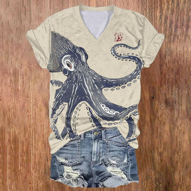 Japanese Octopus Seal Art Print V-neck T-shirt - Apricot - 5XL - image 1