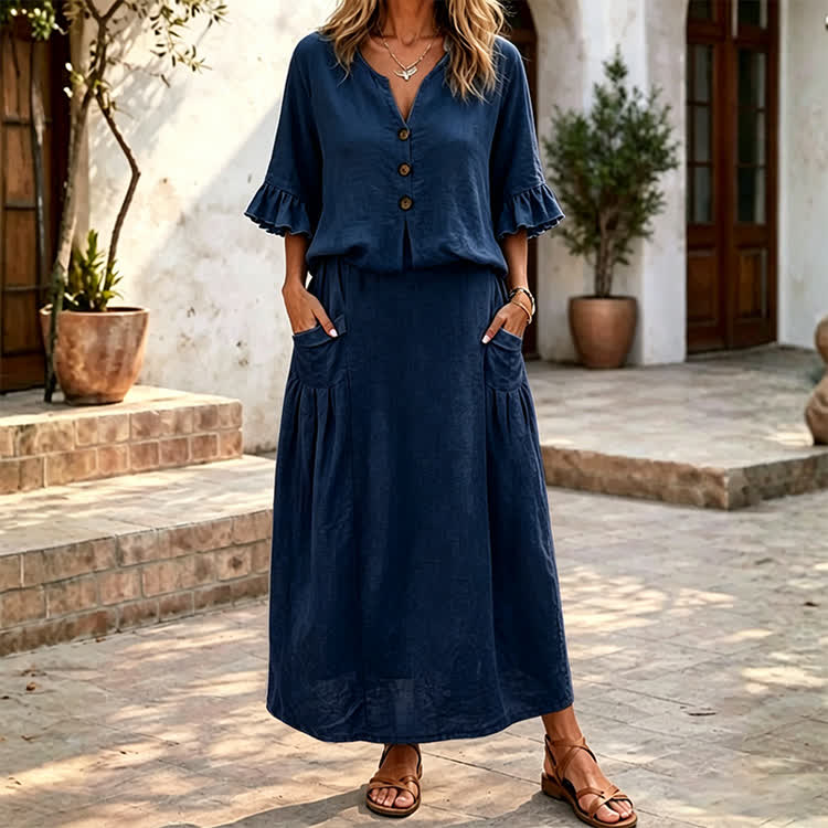 Solid Button V-neck Ruffle Sleeves Blouse & Solid Pocket Skirt Set - Navy Blue - 4XL - image 7