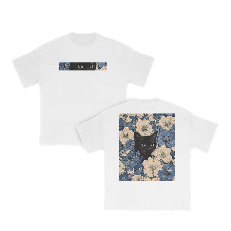 Black Cat In A Patchwork Flower Field Print T-shirt - White - US16-18(2XL) - image 3
