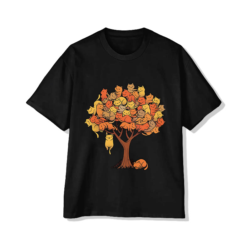 Unisex Cat Tree Pattern Short Sleeved Crew Neck T-Shirt - Black - 2XL - image 4