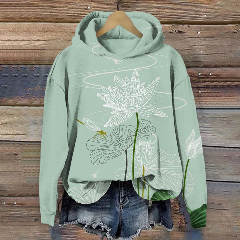 Japanese Style Lotus And Dragonfly Art Print Long Sleeve Hoodie - Green - 8XL - image 1